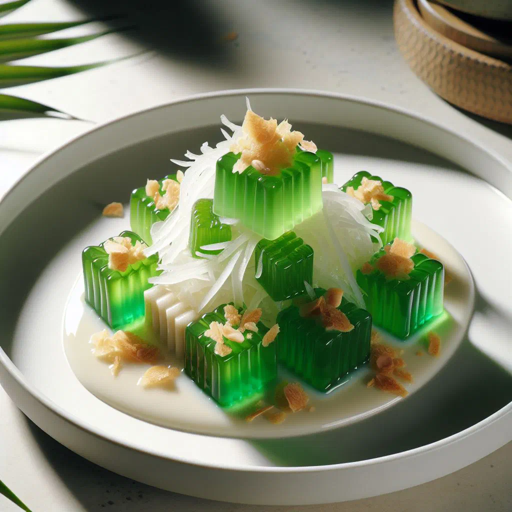 Creamy pandanus and coconut Pulu Kuki dessert in a small bowl