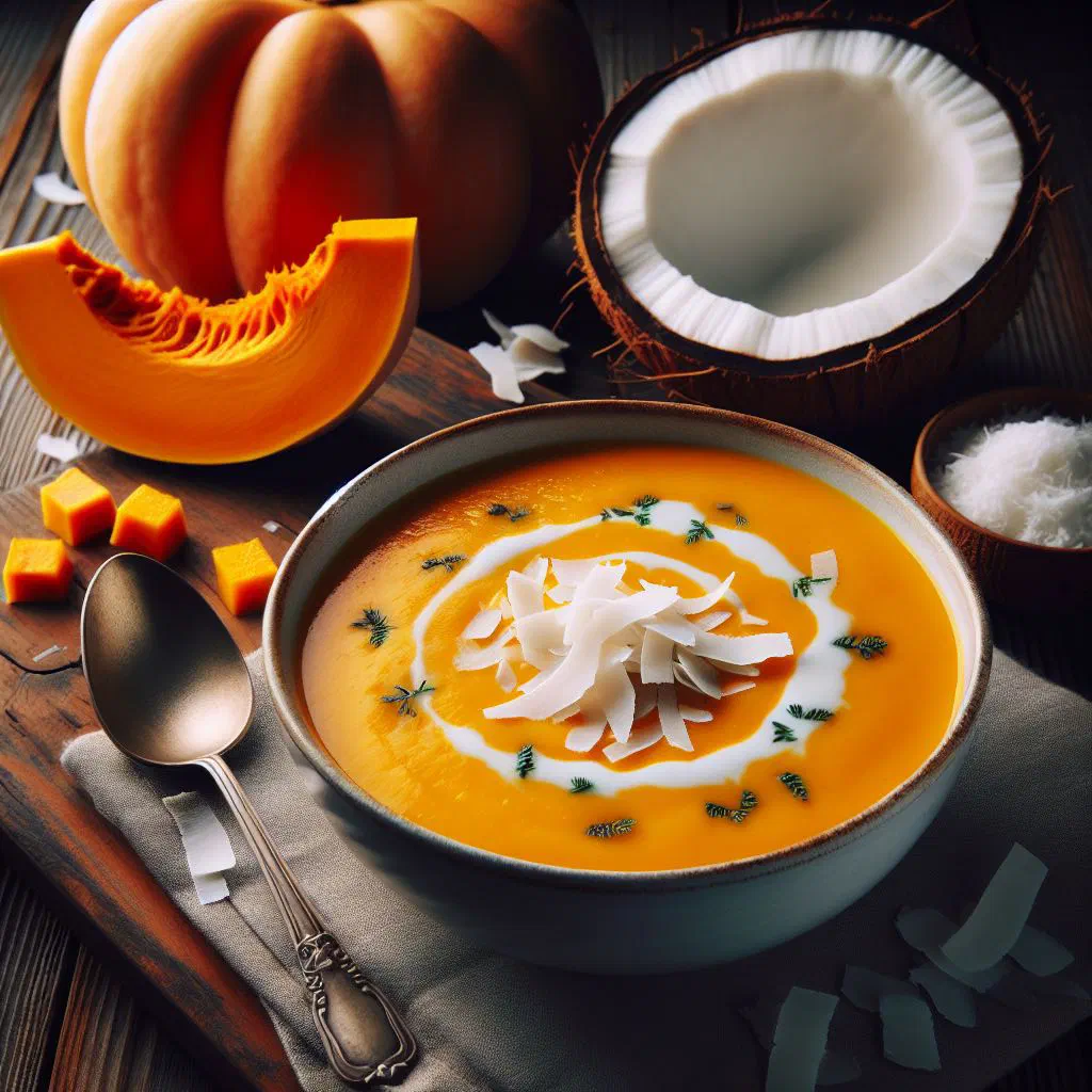 Creamy pumpkin and coconut soup garnished with fresh coriander