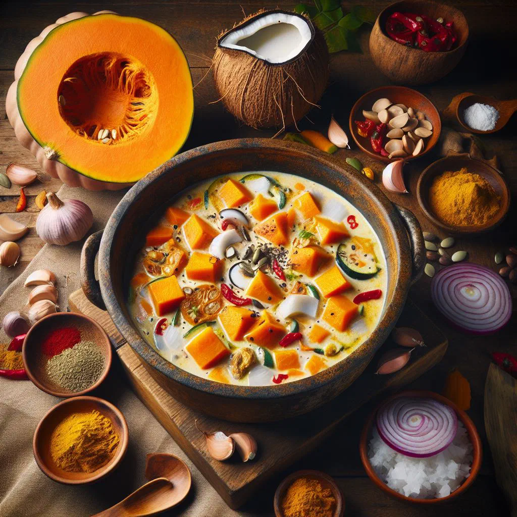 Bowl of golden pumpkin and coconut stew garnished with fresh herbs