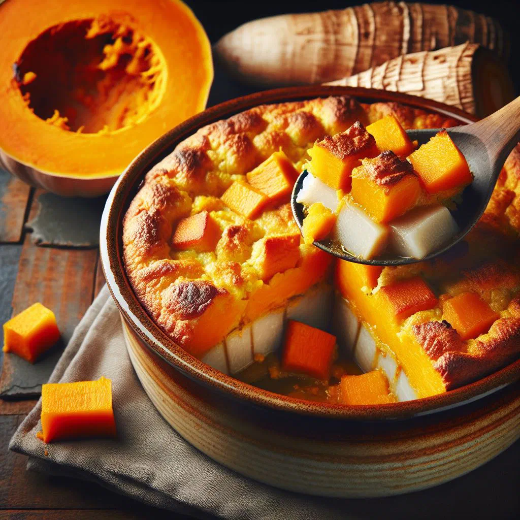 Baked pumpkin and taro casserole in coconut milk, garnished with fresh herbs