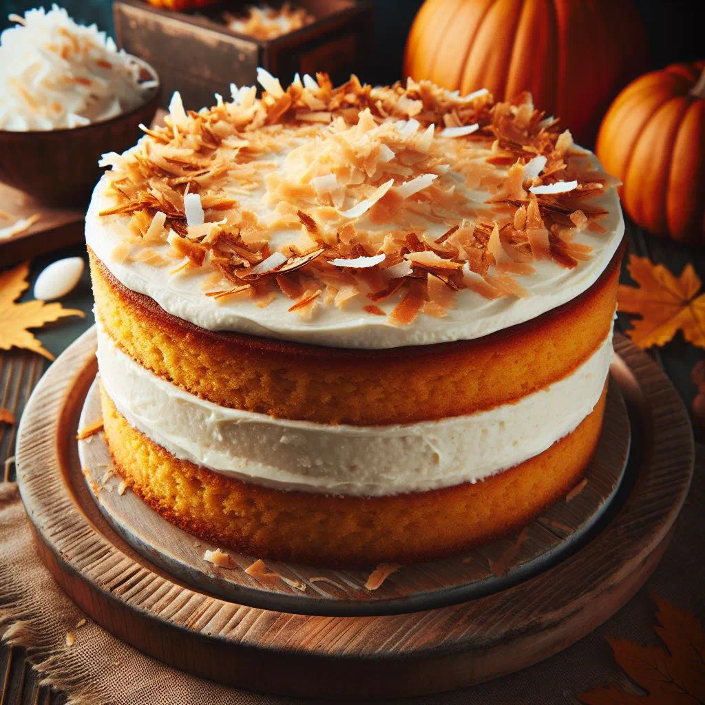 Slice of moist pumpkin coconut cake topped with desiccated coconut