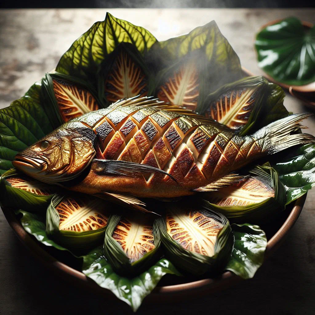 Roasted fish wrapped in taro leaves with lime wedges