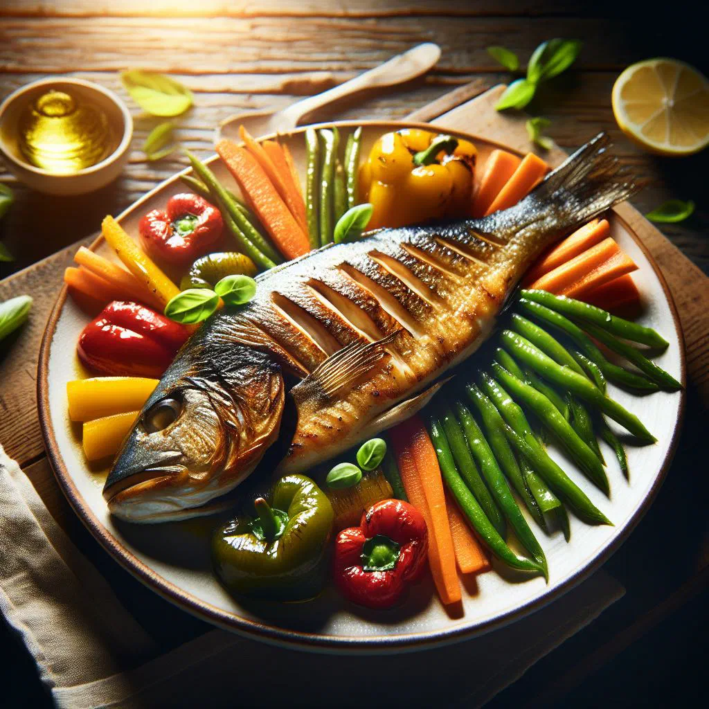 Roasted fish fillets with colourful grilled vegetables and fresh herbs