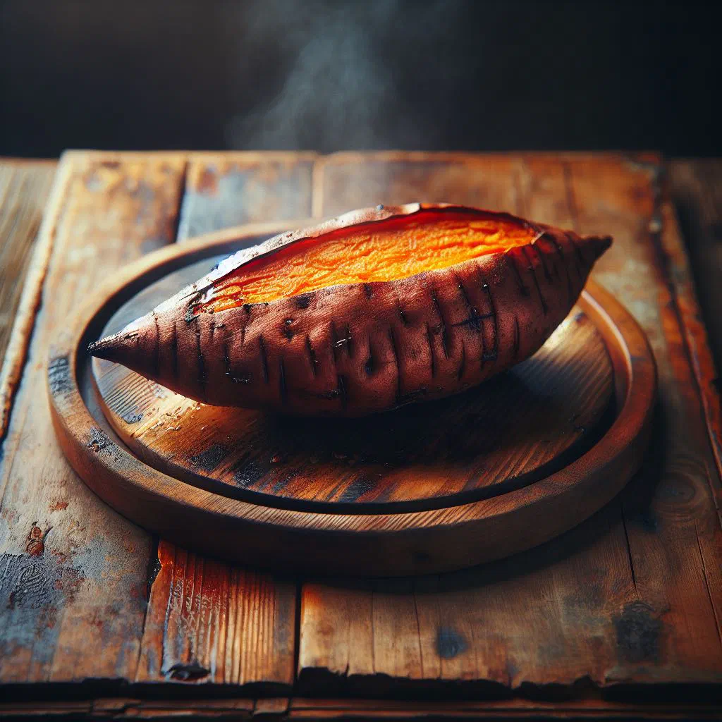 Golden oven-roasted sweet potato pieces garnished with fresh herbs