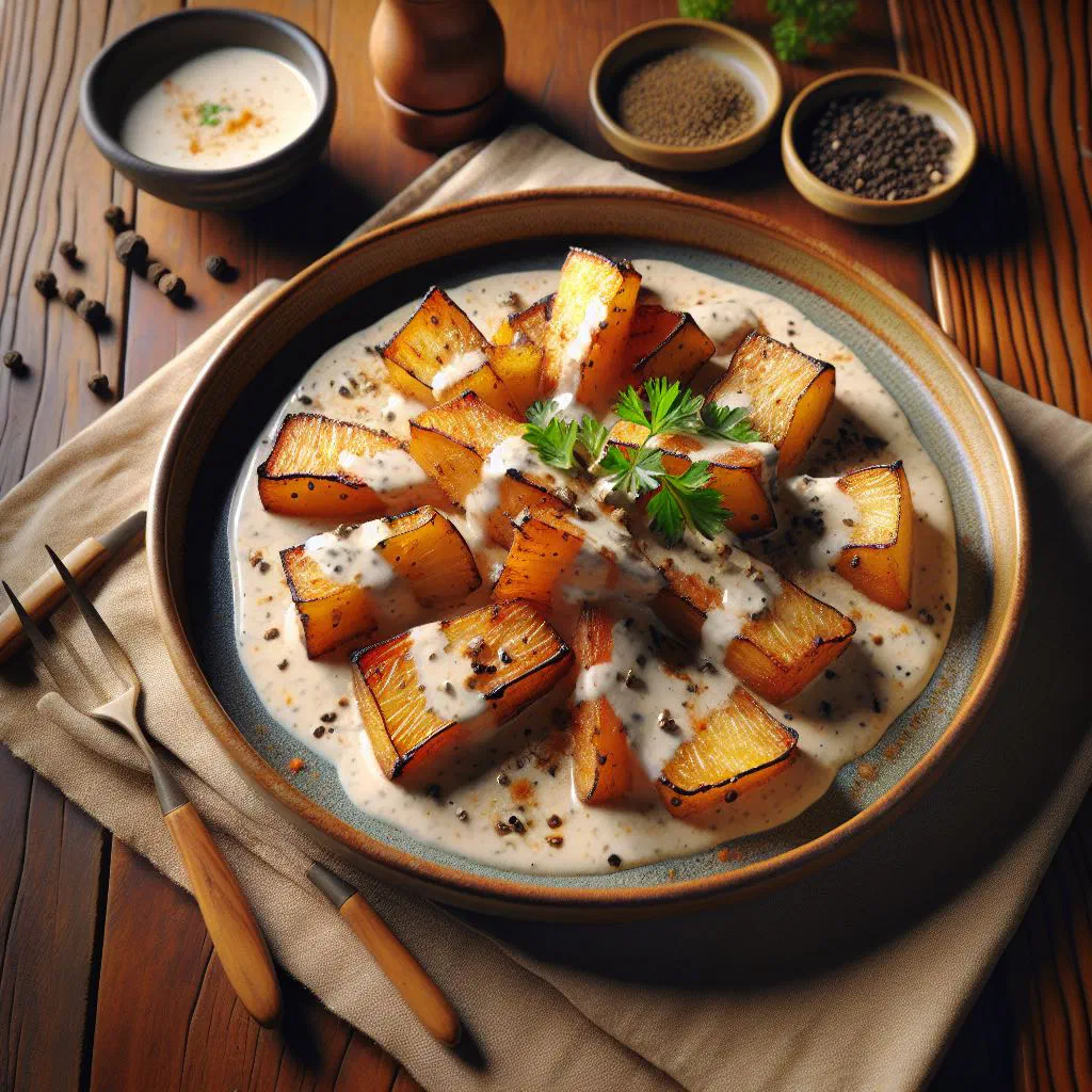 Golden roasted taro pieces drizzled with creamy coconut sauce