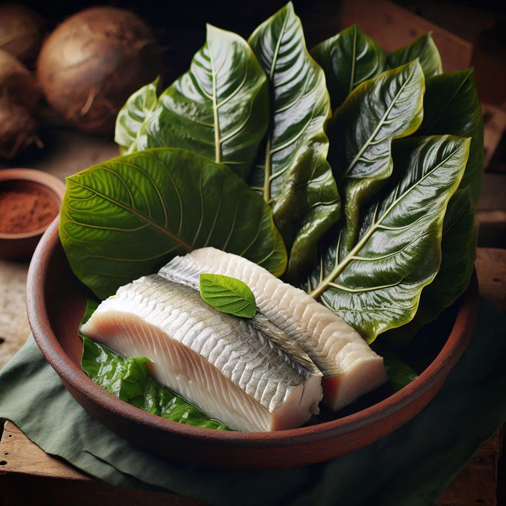 Saltfish simmered with taro leaves, onion and chilli in a bowl