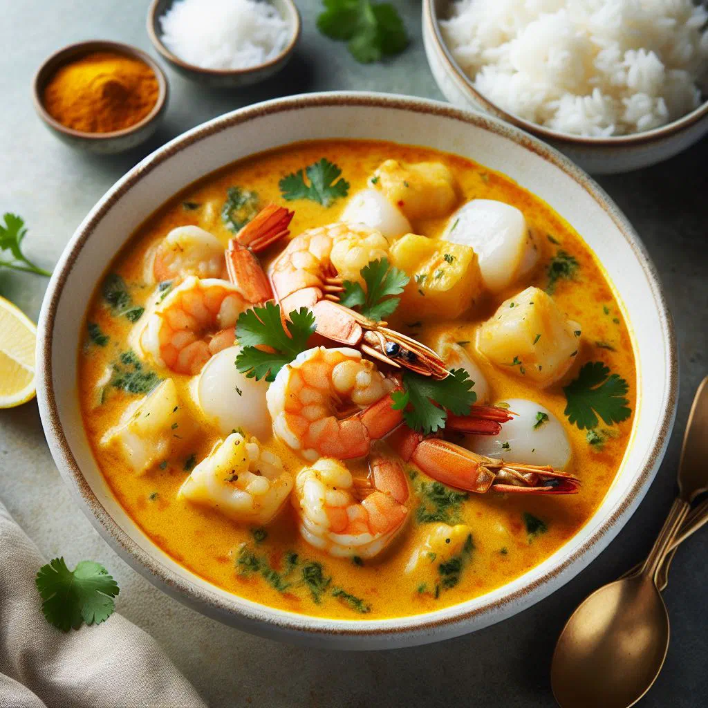 Seafood coconut curry in a bowl garnished with fresh coriander