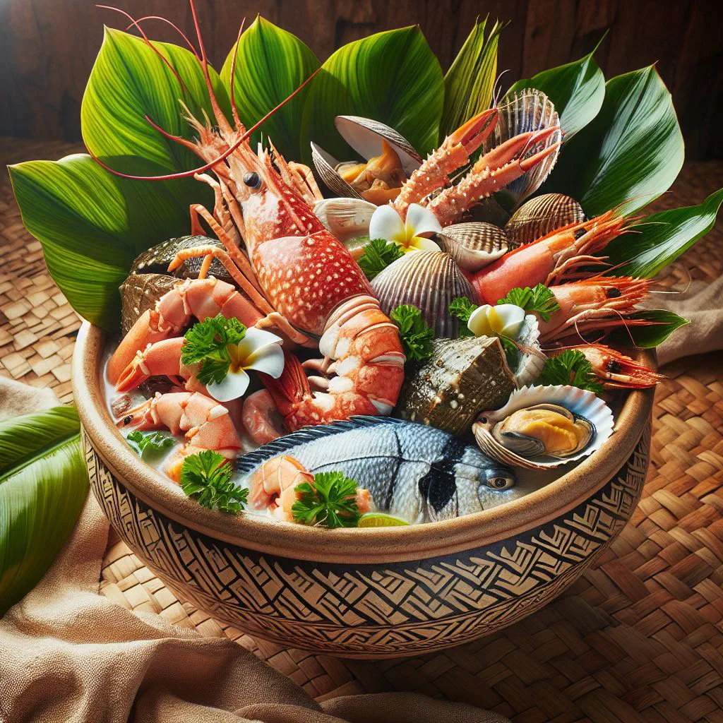 Seafood palusami baked in taro leaves with creamy coconut sauce