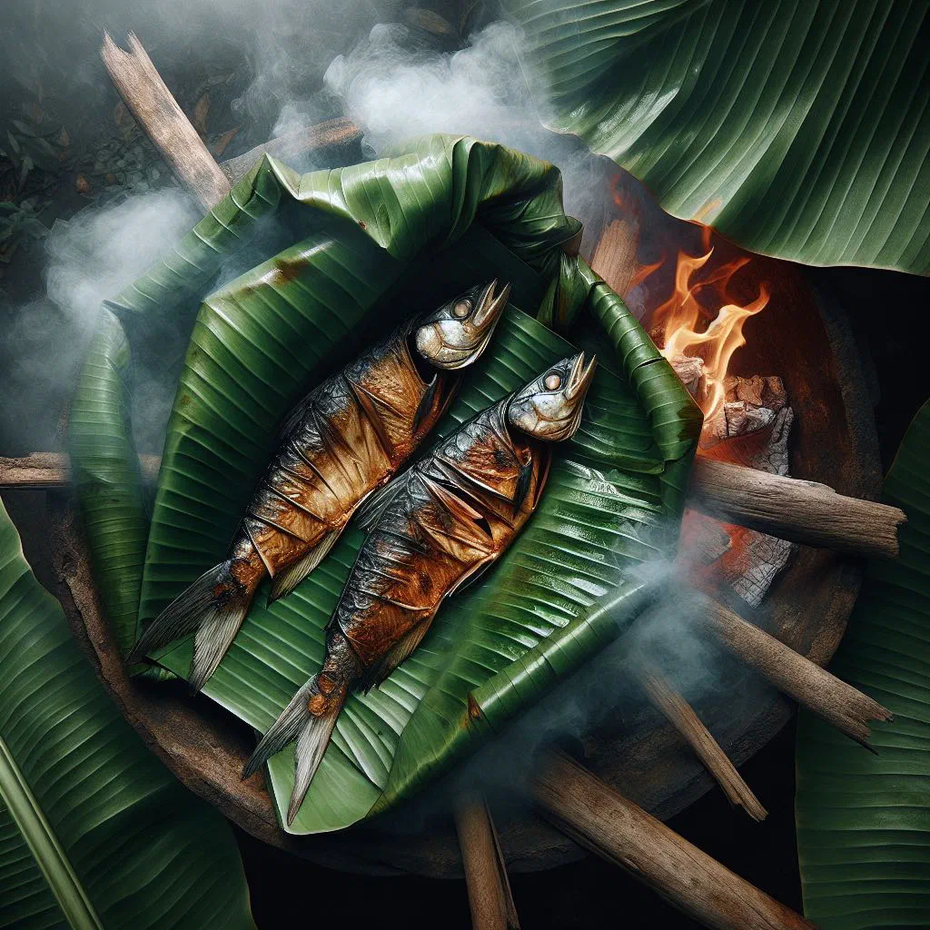 Smoked fish wrapped in banana leaves, garnished with fresh coriander and lime
