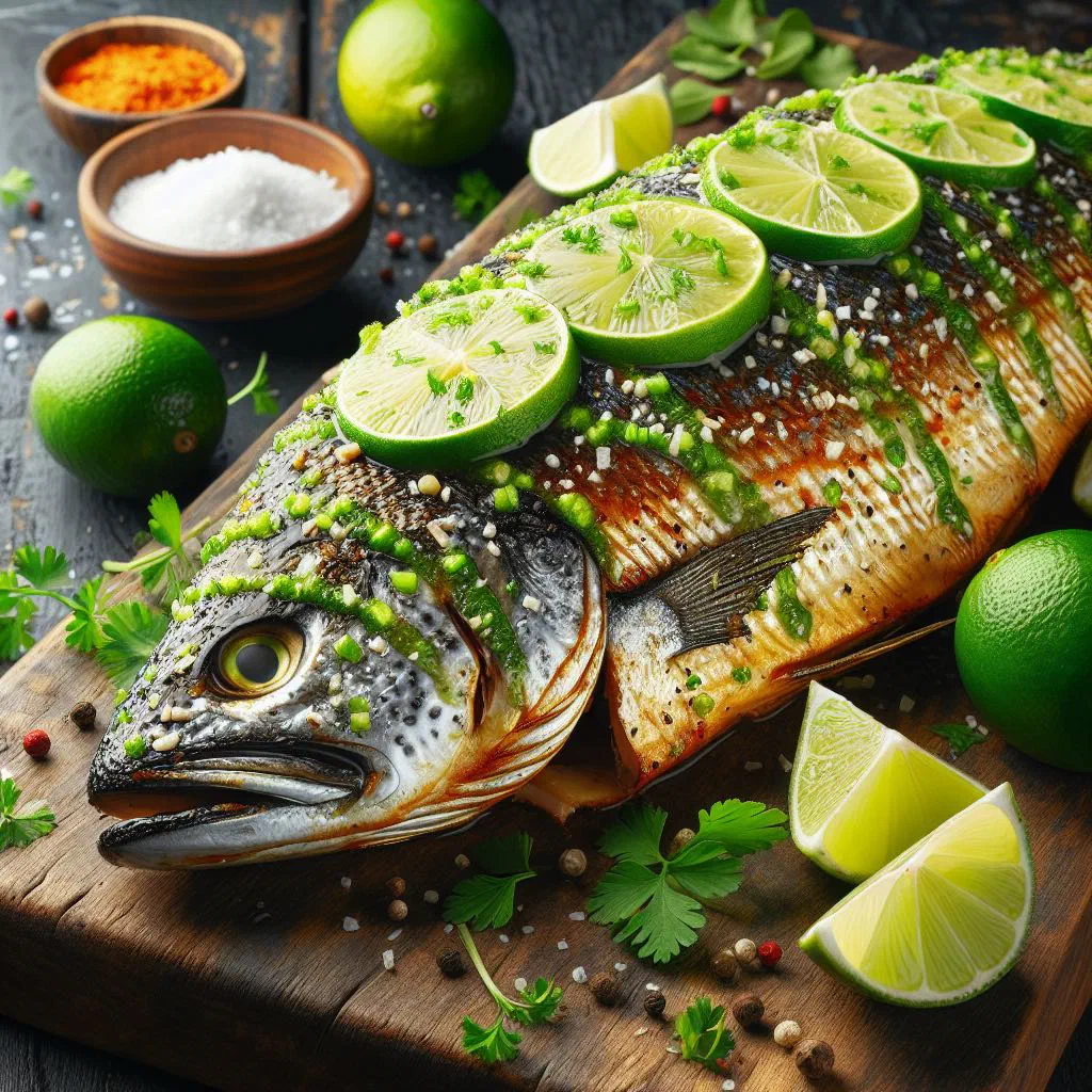 Smoked fish fillets brushed with a creamy lime and coconut glaze, garnished with fresh herbs and lime