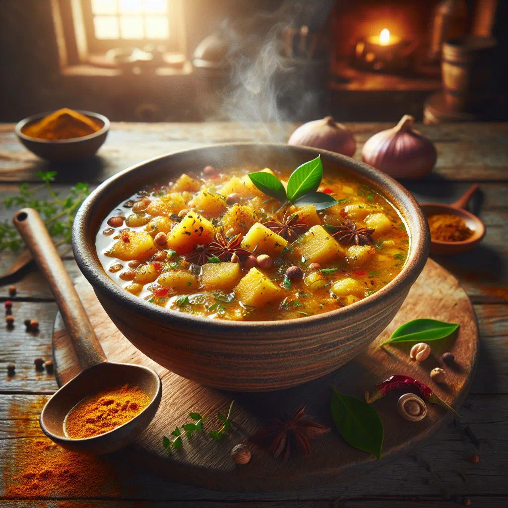 Bowl of golden spiced breadfruit soup garnished with fresh herbs