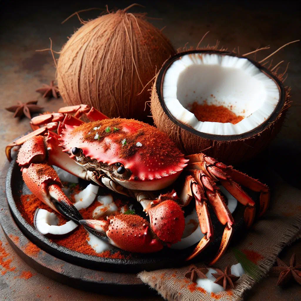 Spiced coconut crab garnished with fresh coriander and lime