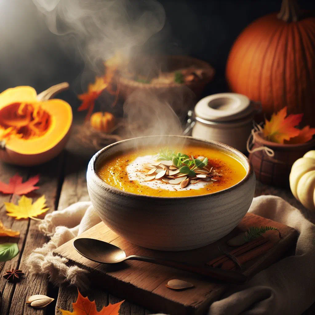 Creamy spiced coconut pumpkin soup garnished with fresh coriander