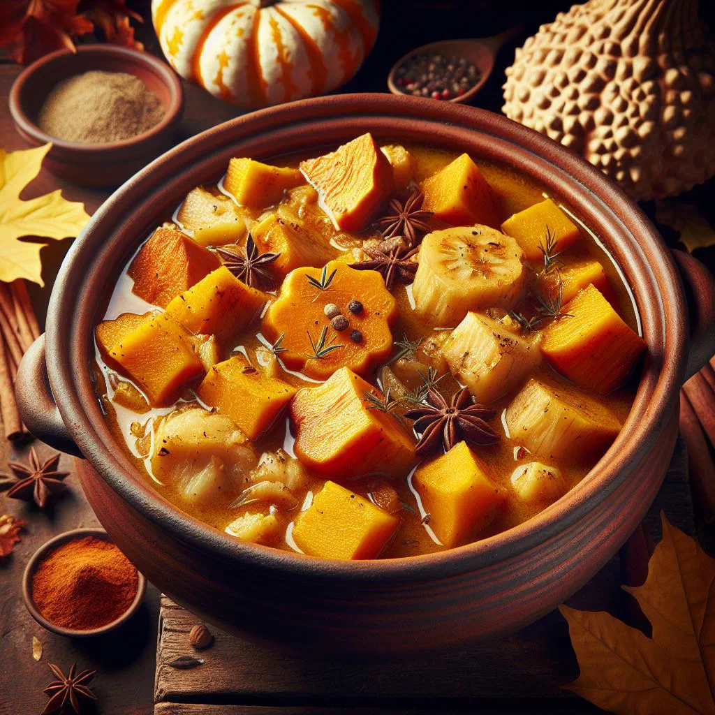 A bowl of spiced pumpkin and breadfruit stew garnished with fresh herbs