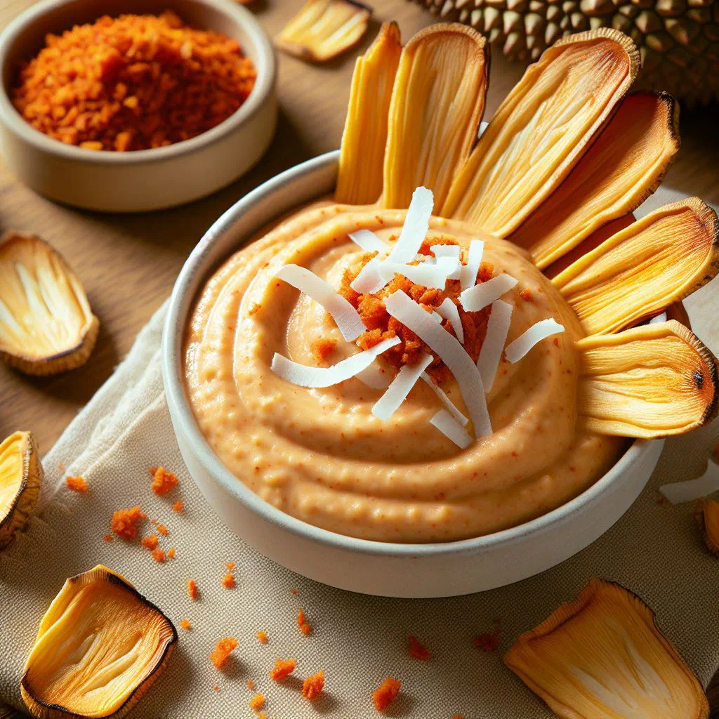 Creamy coconut breadfruit dip garnished with fresh herbs in a bowl