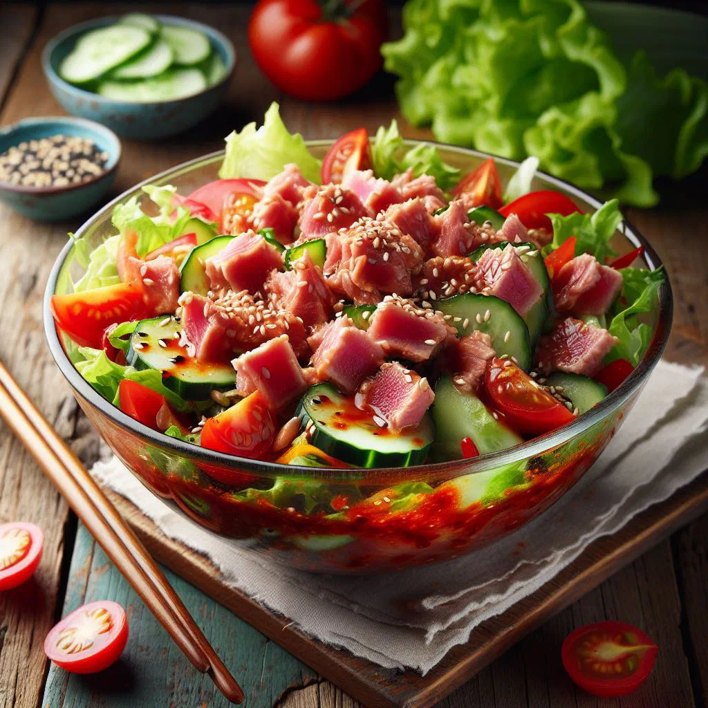 Bowl of spicy tuna salad with peppers, cucumber and fresh herbs
