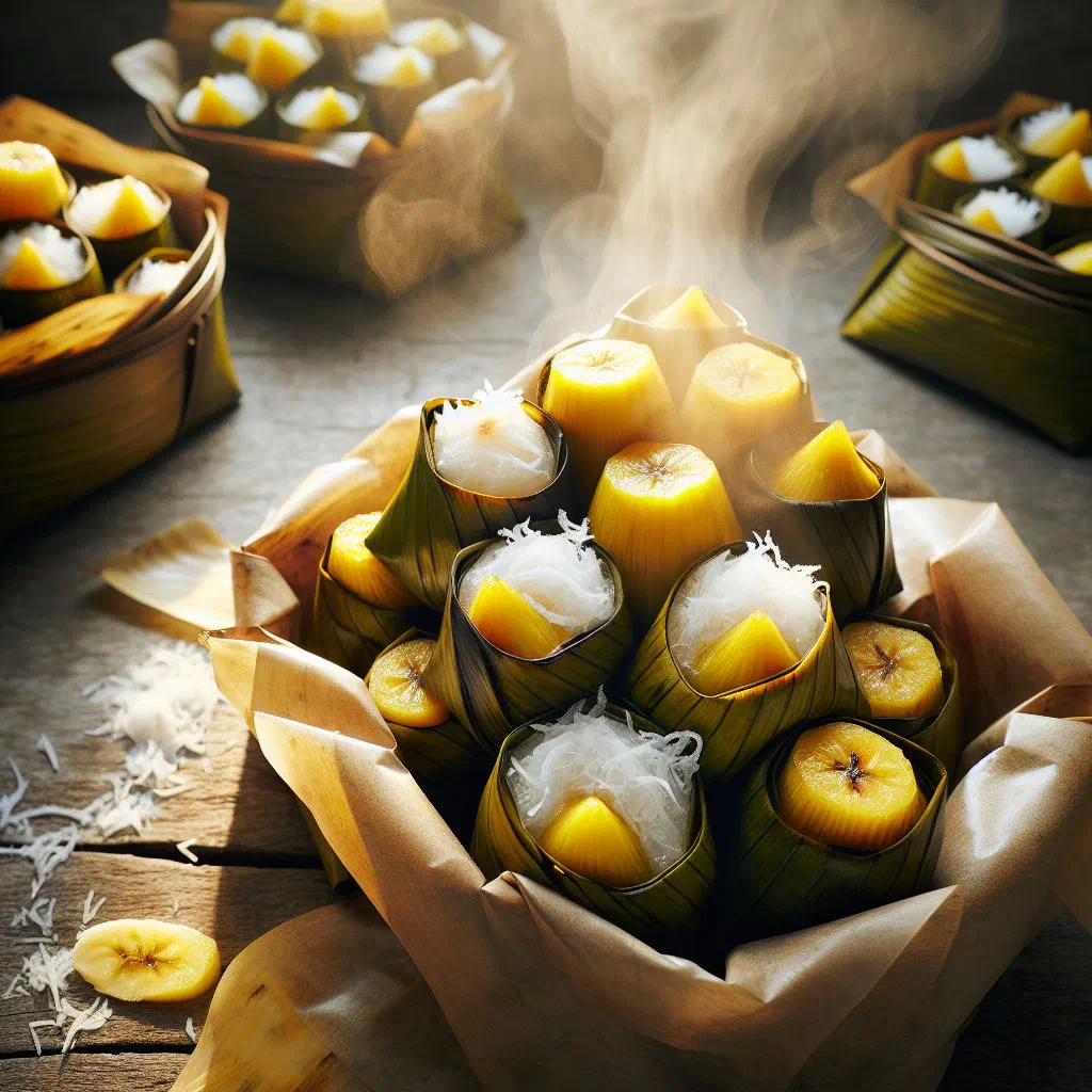 Steamed banana and coconut parcels wrapped in banana leaves on a plate