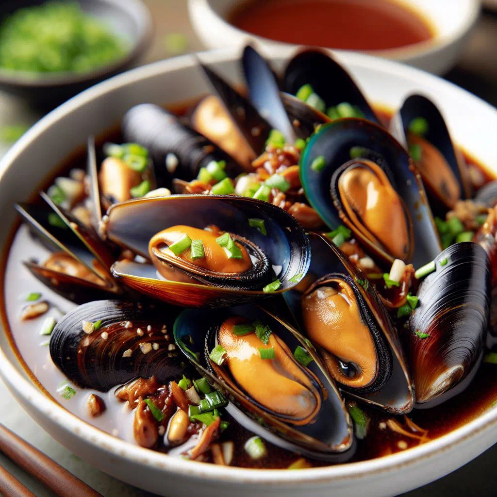 Steamed mussels in a glossy tamarind sauce garnished with fresh coriander