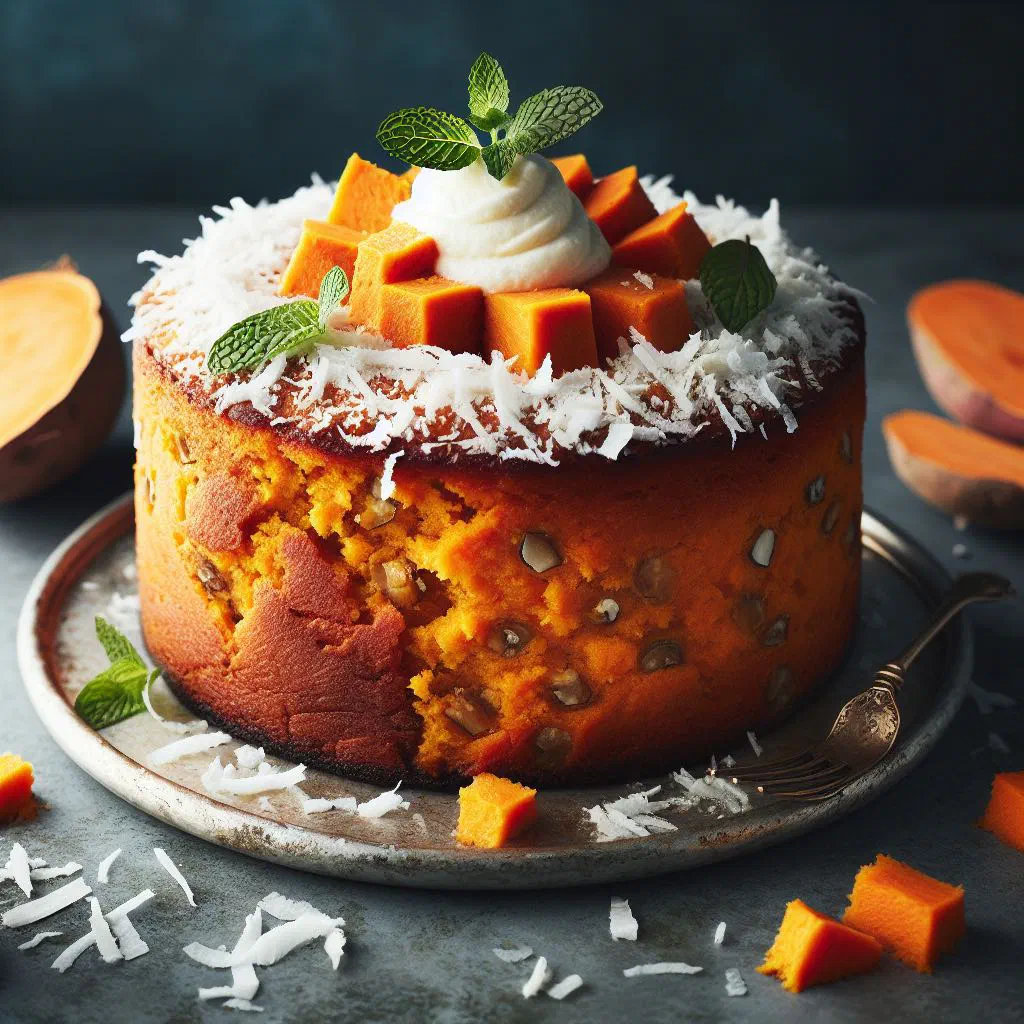 Golden baked sweet potato and coconut cakes on a plate