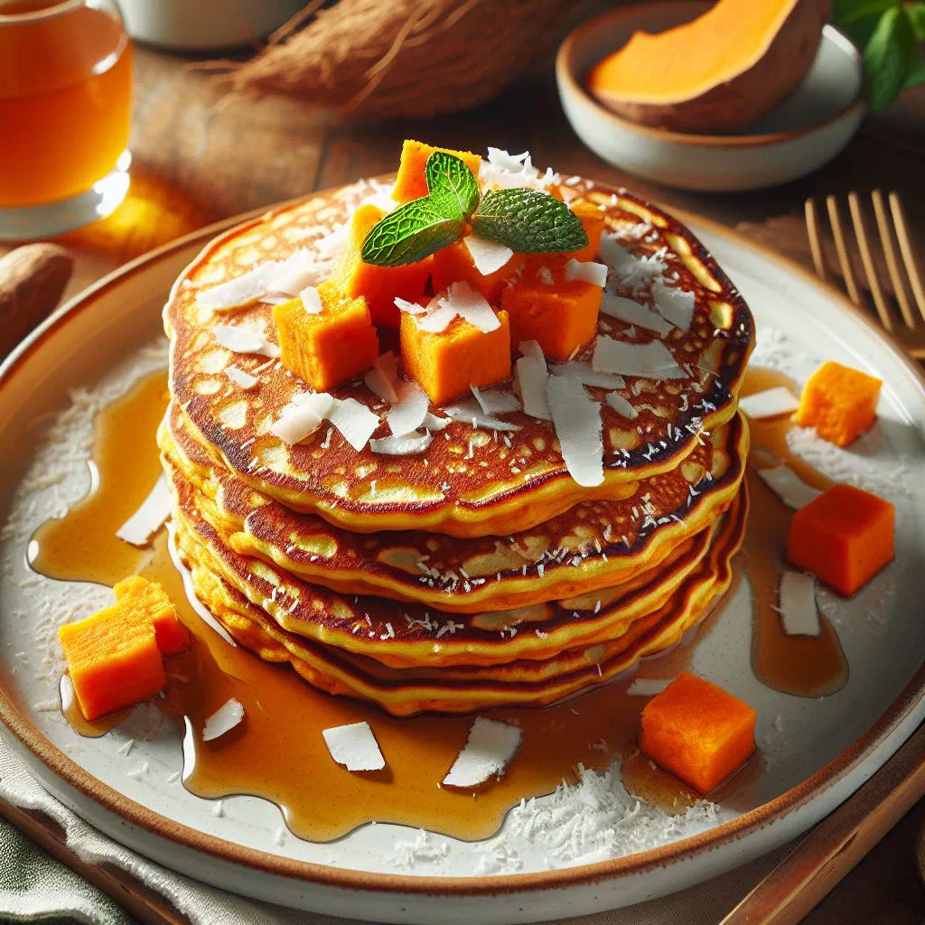 Golden sweet potato and coconut pancakes stacked on a plate