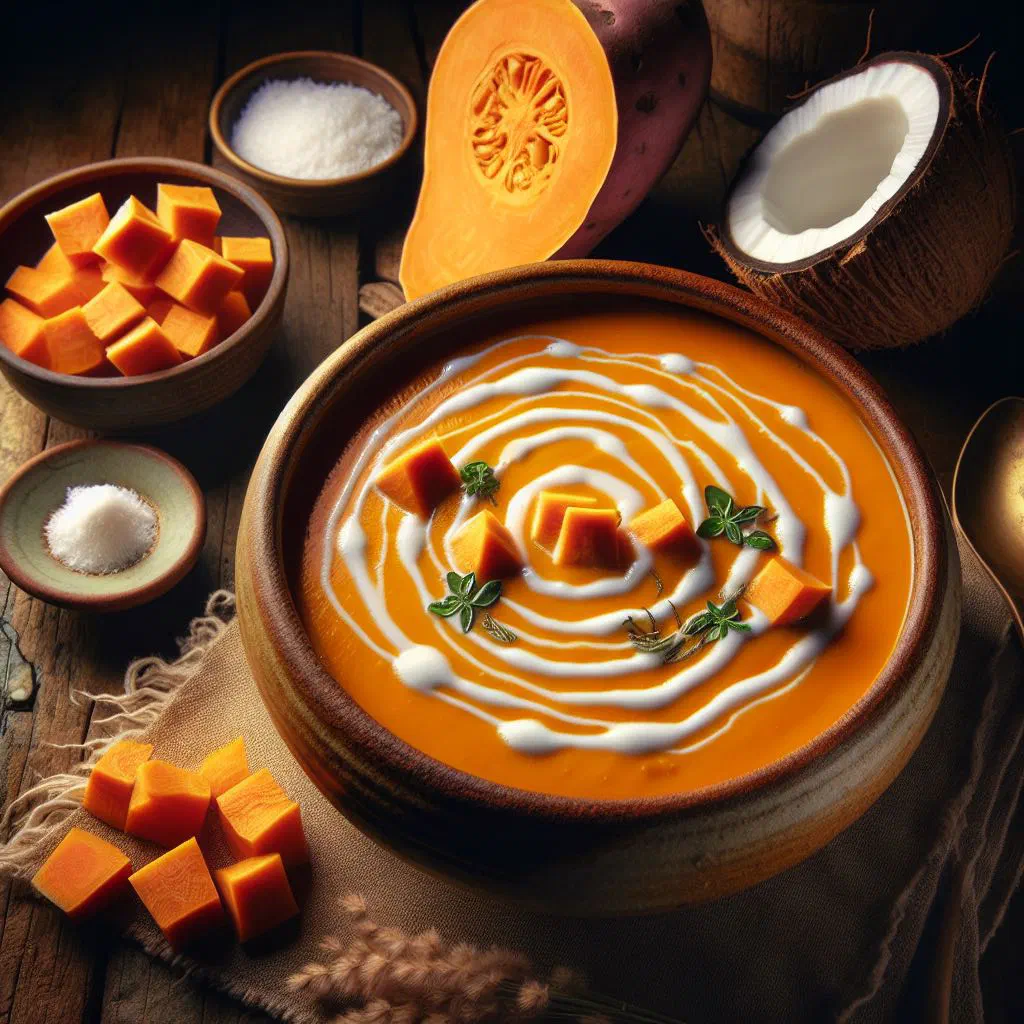 Bowl of creamy sweet potato coconut soup garnished with fresh herbs