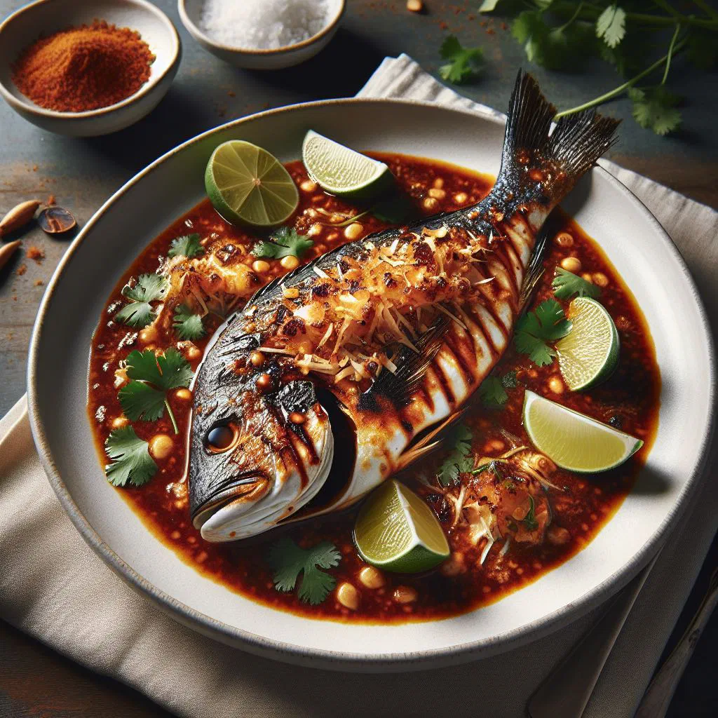 Pan-cooked fish fillets in a creamy coconut and tamarind sauce, garnished with fresh coriander
