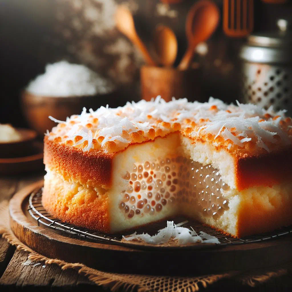 A slice of set tapioca and coconut cake topped with desiccated coconut