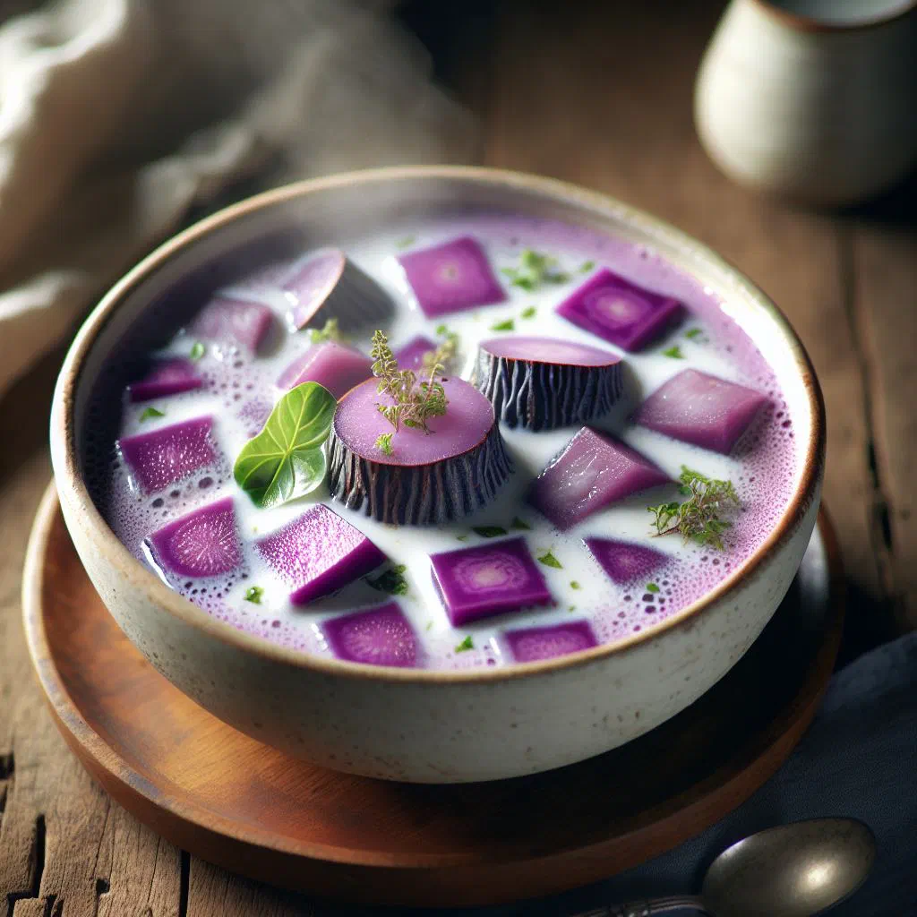 A bowl of creamy taro and coconut soup garnished with fresh herbs