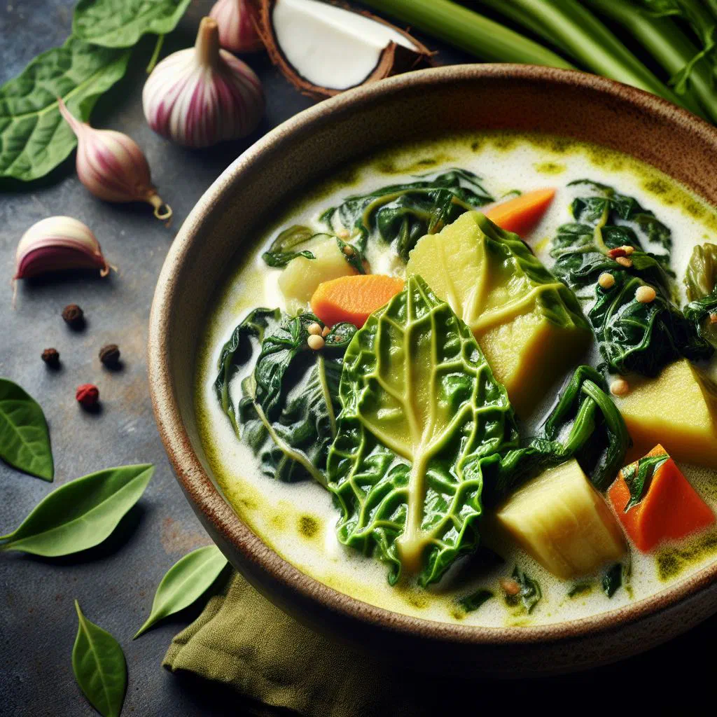 Creamy taro leaf coconut stew garnished with fresh coriander in a bowl