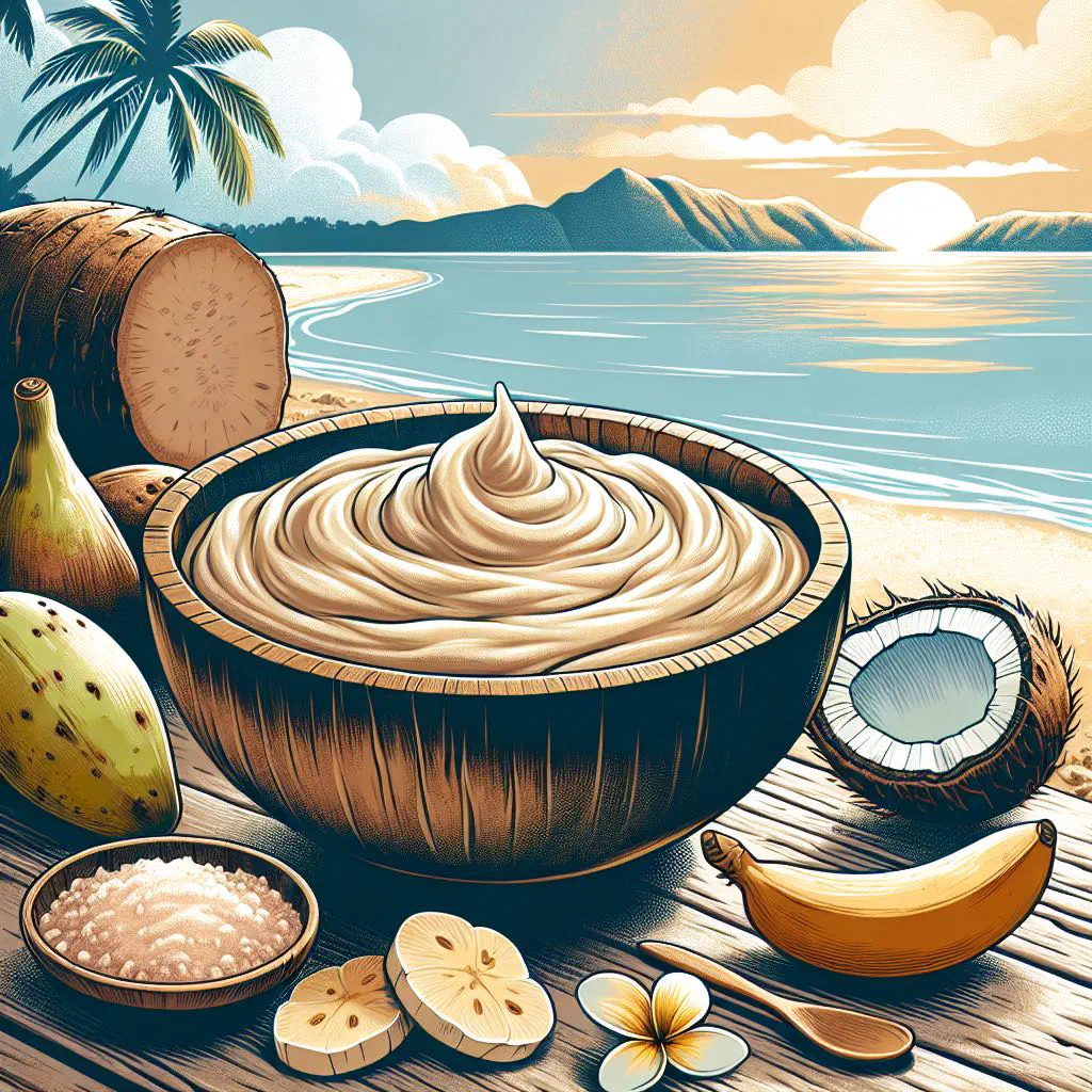 A bowl of smooth, creamy Tuvaluan poi made from mashed taro