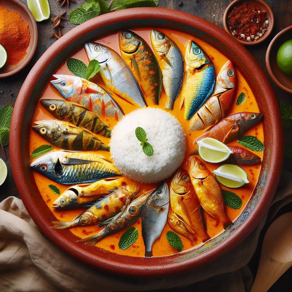 Tropical fish curry in coconut sauce garnished with fresh coriander and lime