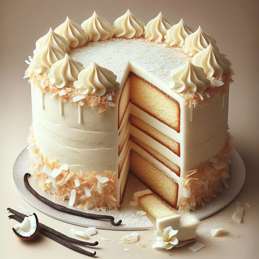 A golden vanilla coconut cake topped with desiccated coconut