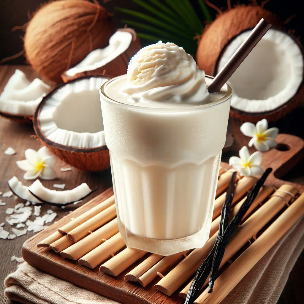Creamy vanilla coconut smoothie in a glass topped with coconut flakes