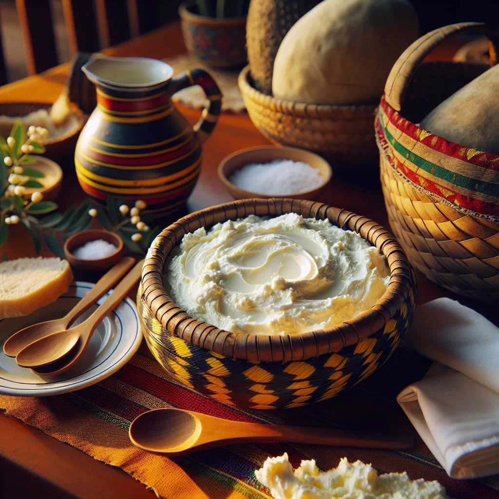 Bowl of creamy white eshabwe ghee sauce served with steamed bananas