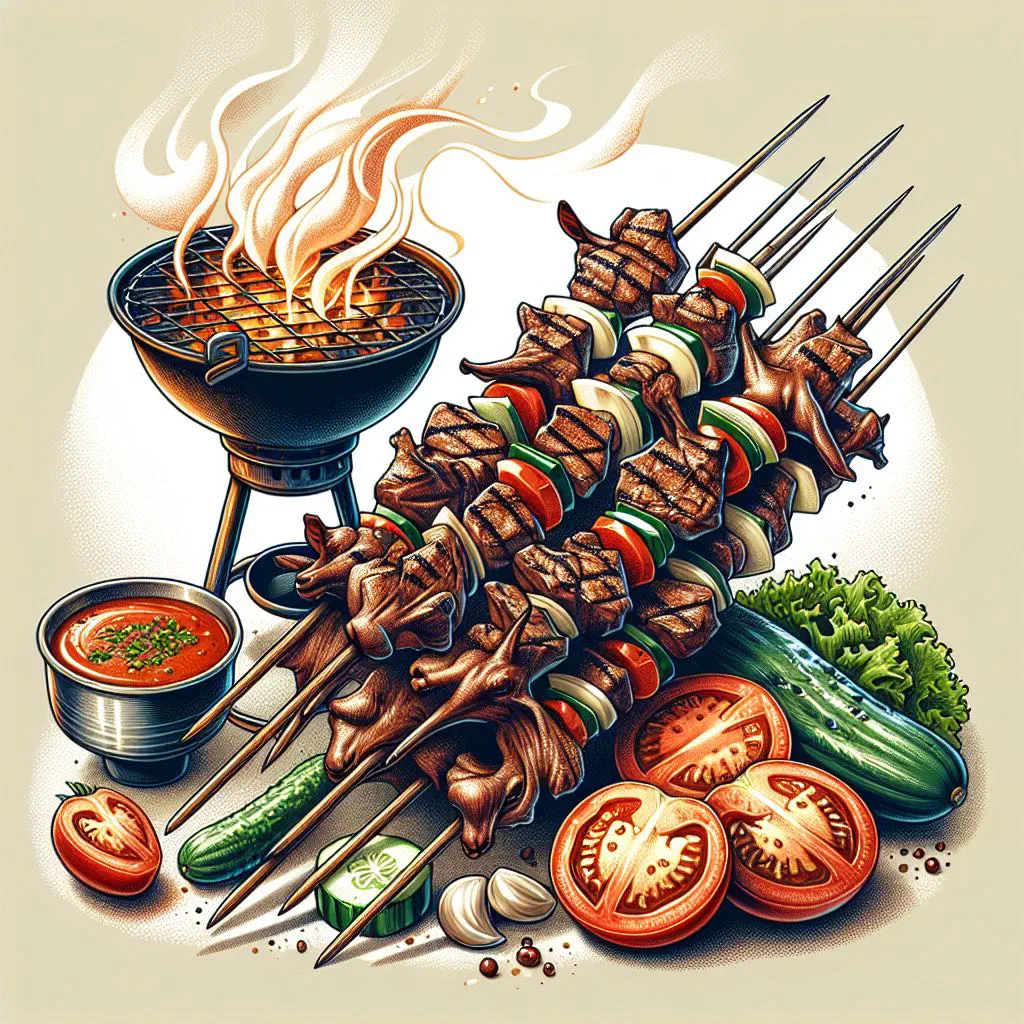Grilled goat meat skewers with charred edges and fresh herbs