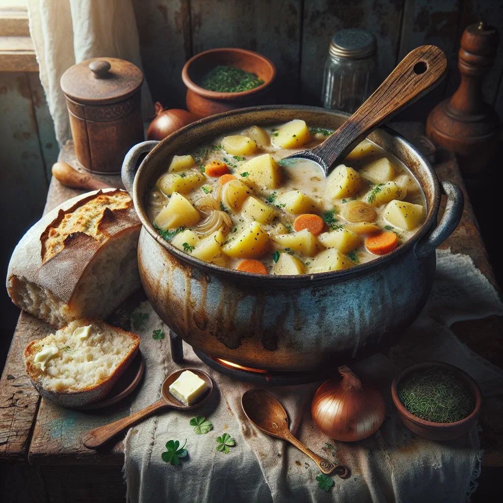Ugandan Irish potato stew with carrots and peppers in a bowl, garnished with parsley