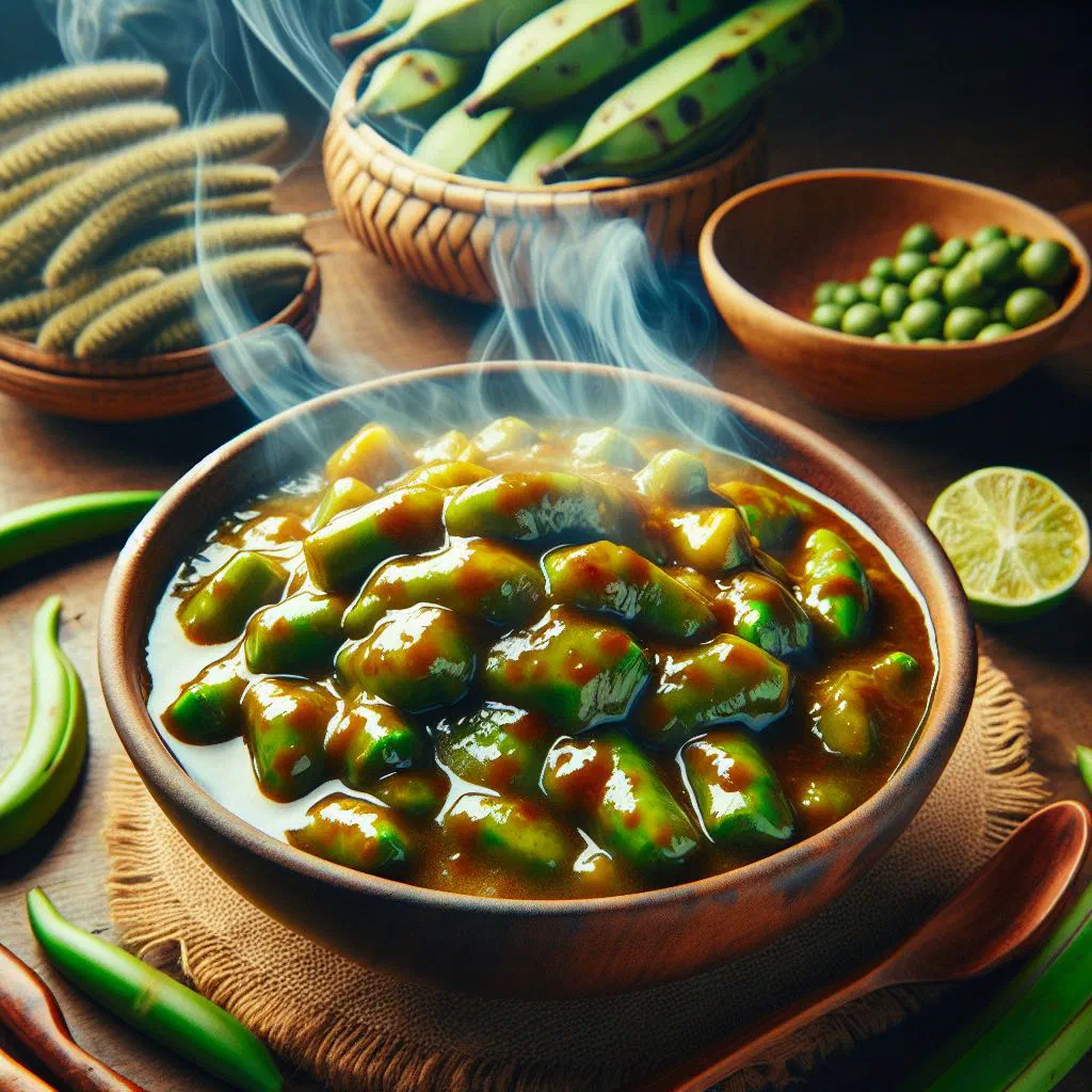 Bowl of Ugandan katogo ya ekitookye stew with plantains, meat and vegetables