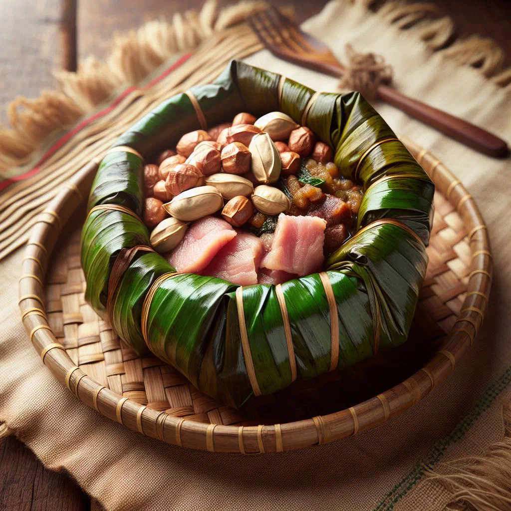 Luwombo stew steamed and served in an opened banana leaf parcel