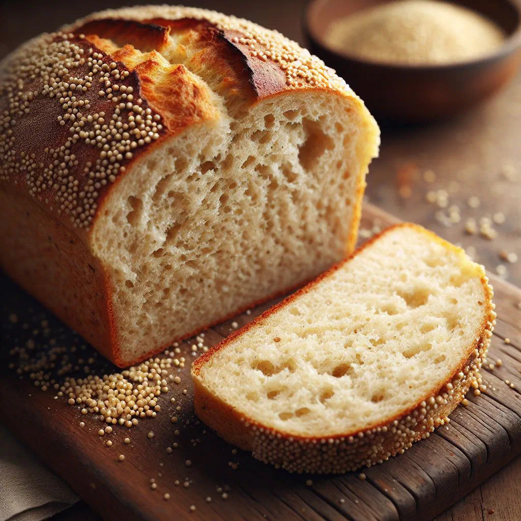 Round loaf of Ugandan millet bread, sliced on a wooden board