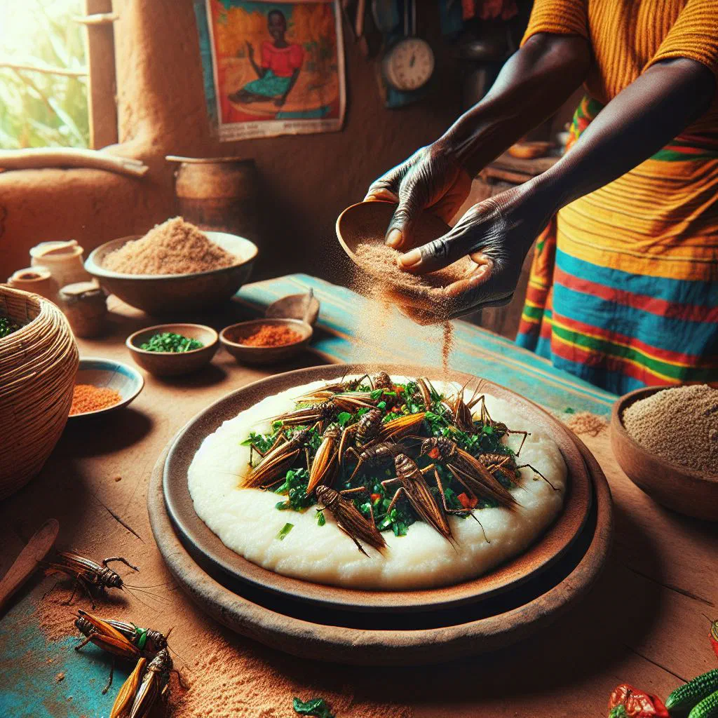 Roasted nsenene grasshoppers served with a mound of creamy white posho