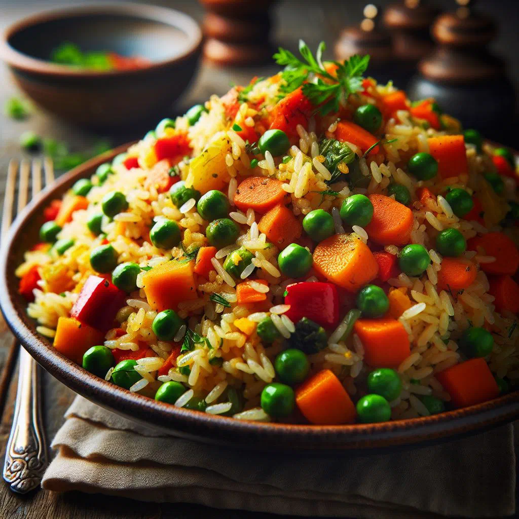 Ugandan vegetable pilau with golden spiced rice, carrots, peppers and peas