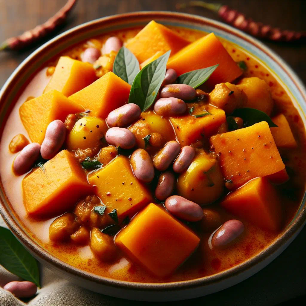 Ugandan yam and bean curry in a creamy coconut sauce with fresh coriander