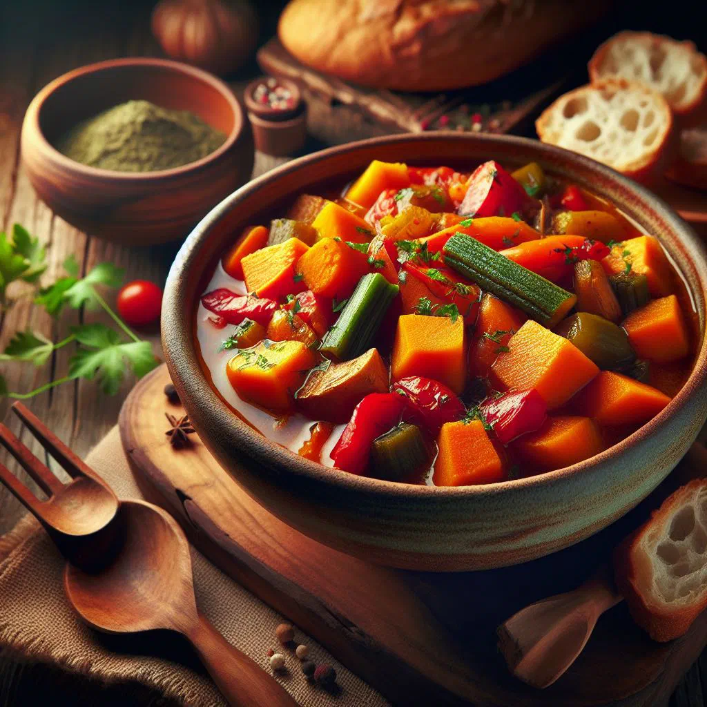 Ugandan yam stew with carrots and peppers in a bowl