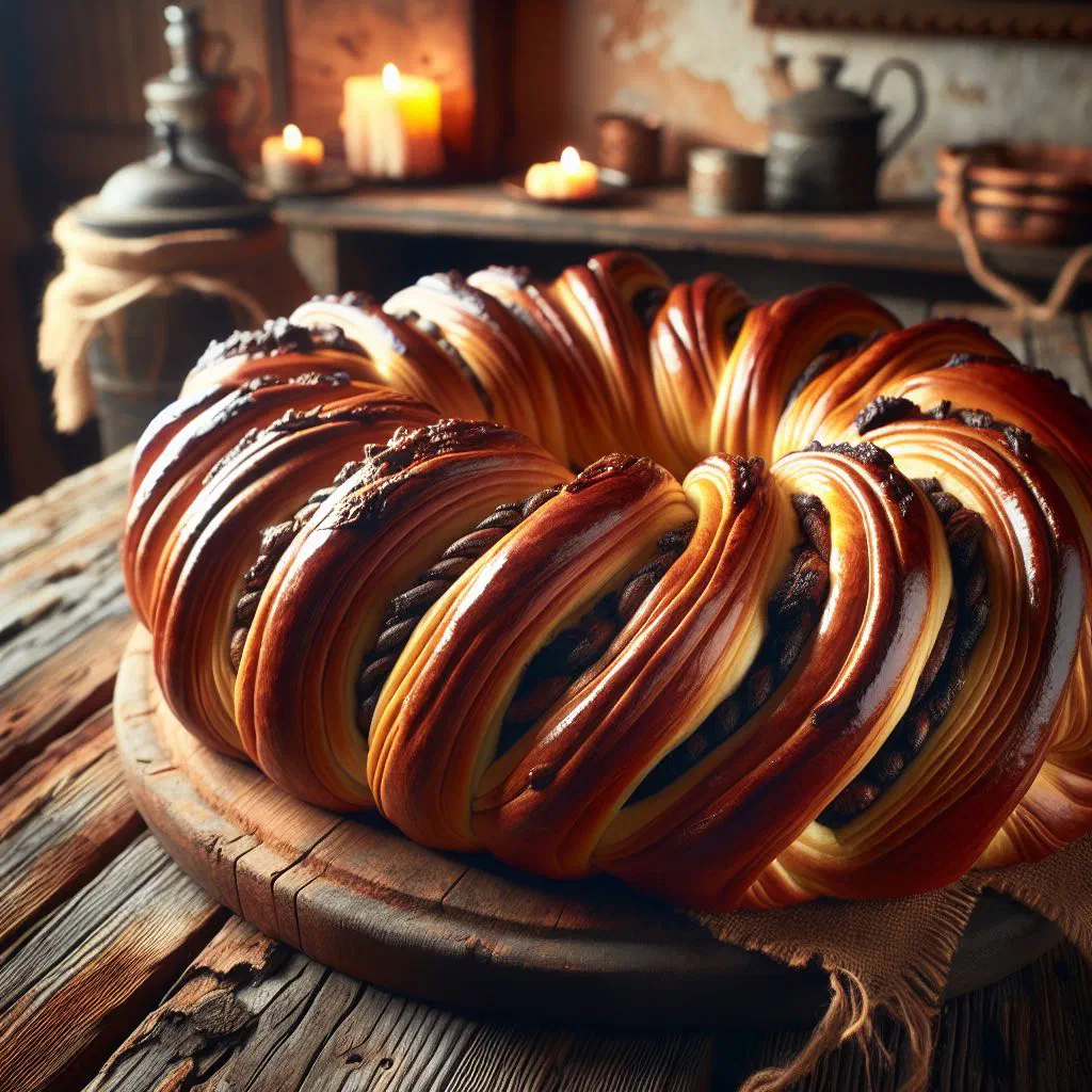 Sliced babka with a swirled sweet filling on a wooden board