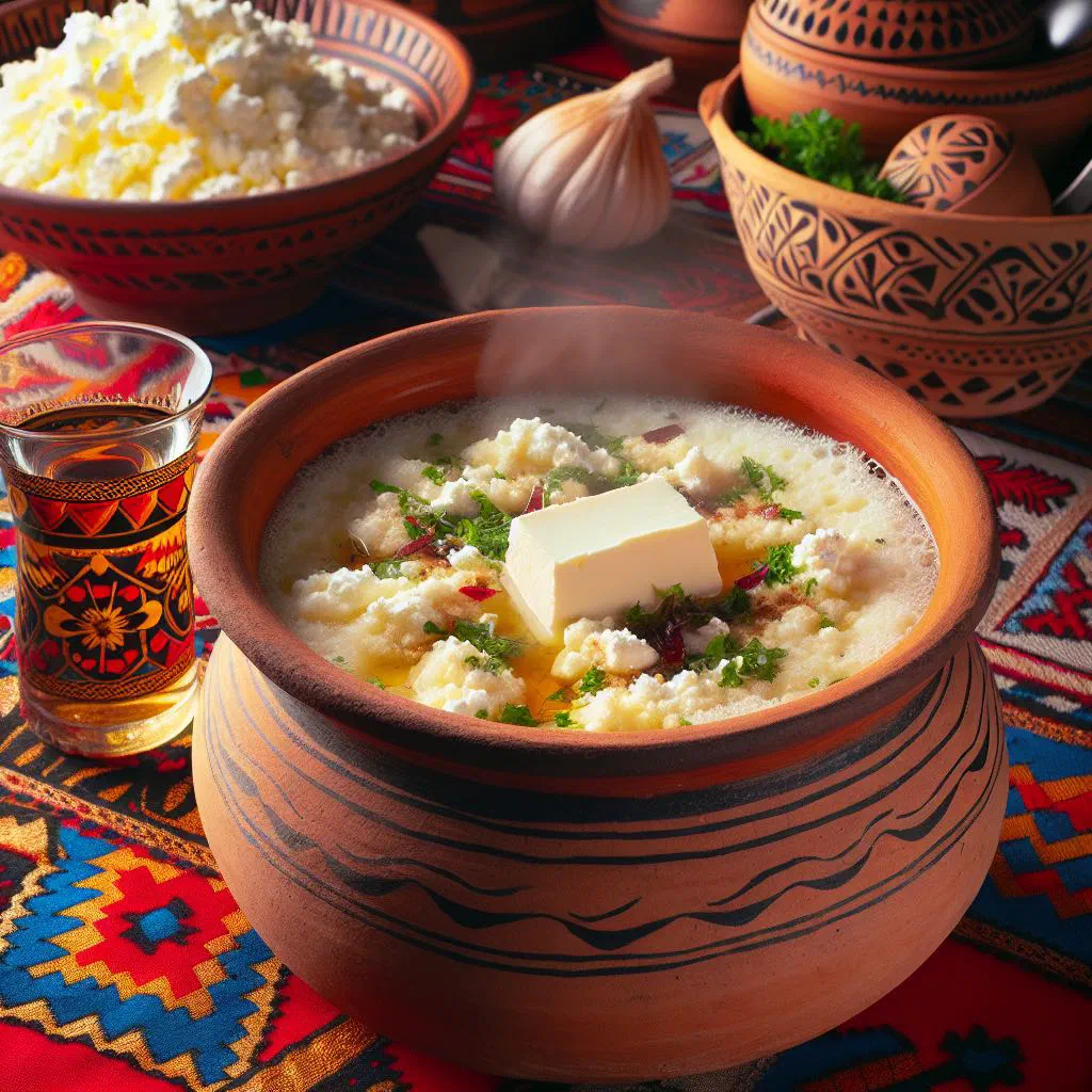 Creamy Ukrainian banush topped with soured cream and crumbled cheese