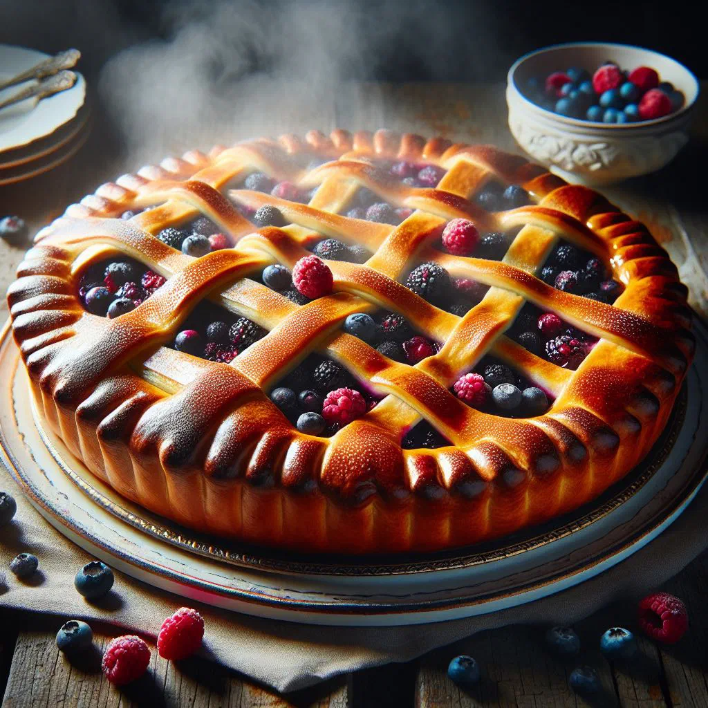 Golden berry pirog dusted with icing sugar and topped with fresh berries