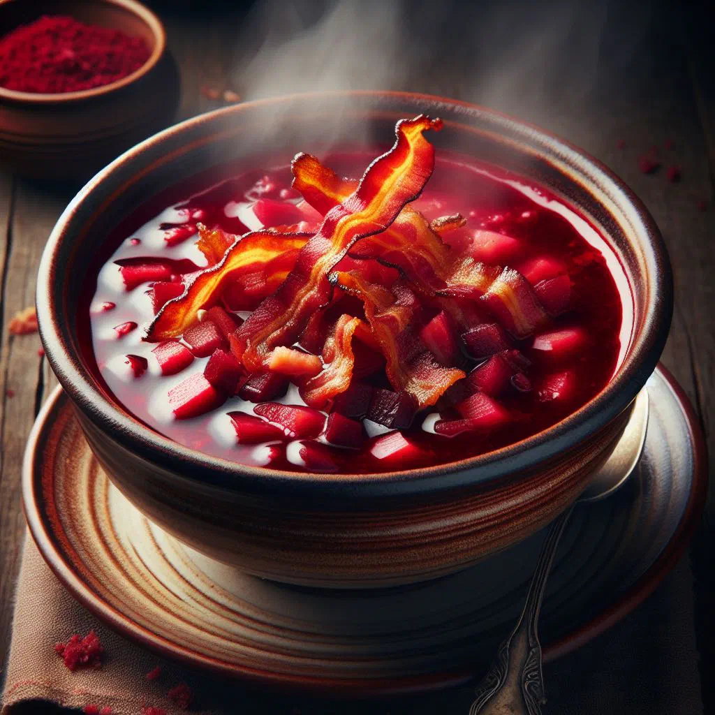 A bowl of ruby-red borscht with bacon, topped with fresh dill