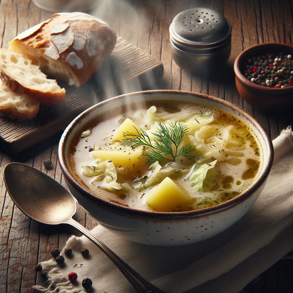 Bowl of Ukrainian cabbage soup garnished with fresh parsley