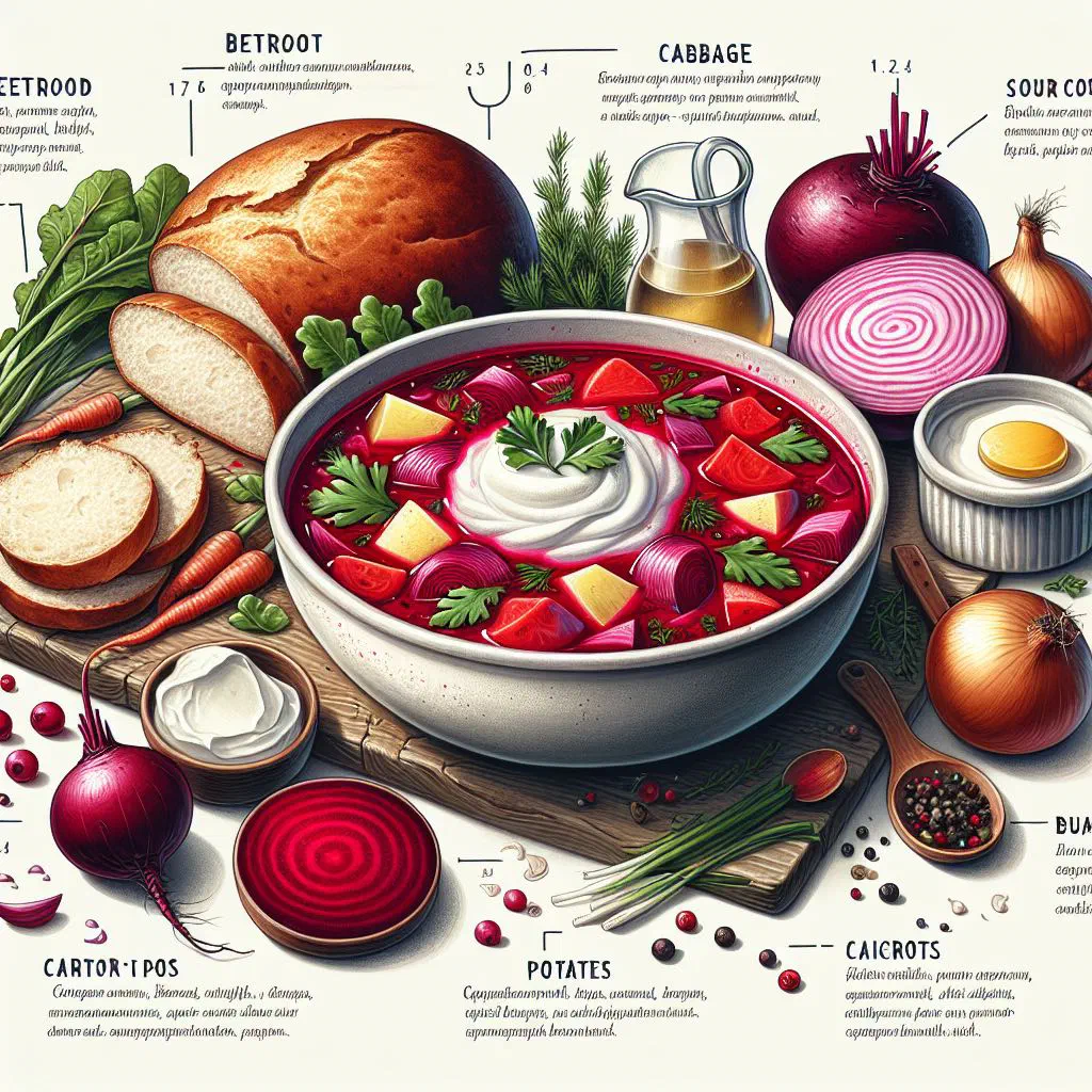 Deep red bowl of Carpathian borscht topped with soured cream and fresh dill