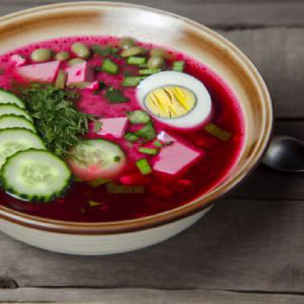 A chilled bowl of Ukrainian holodnyk garnished with fresh dill